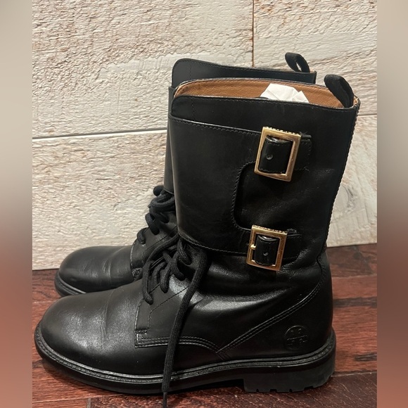 TORY BURCH Women’s Black Leather Gold Buckle Lukas Combat Boots Size 6.5